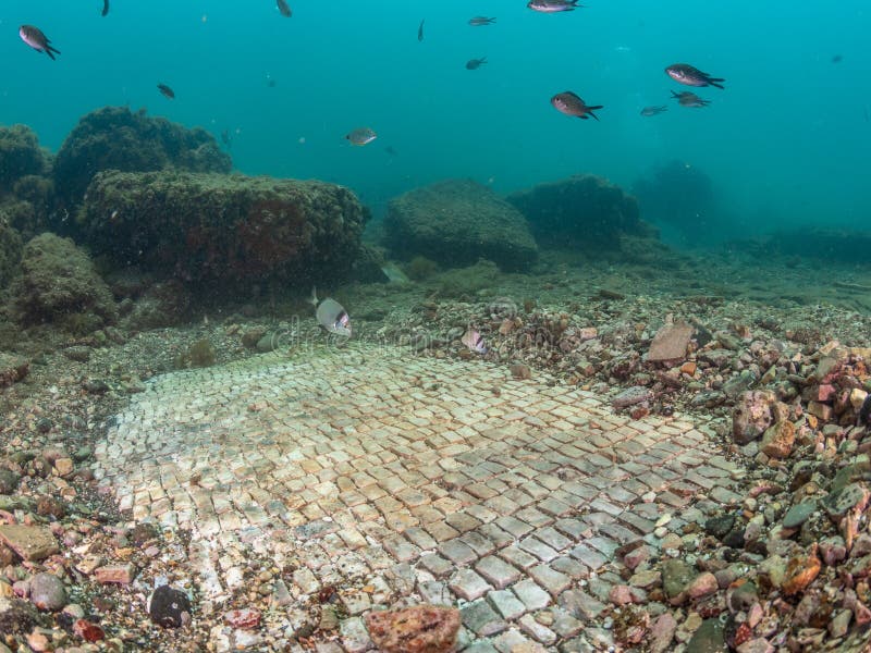 Simple mosaic in Emperor ClaudioÃ¢â¬â¢s Ninfeum. underwater, archeology